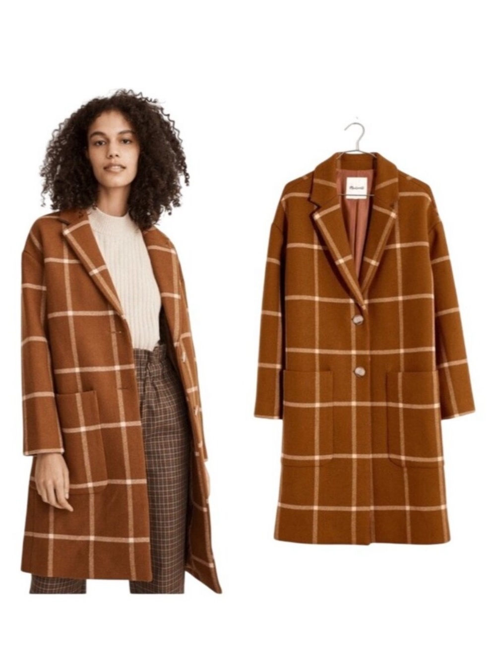 Madewell Elmcourt Rust Brown Windowpane Wool-Blend Coat Small
